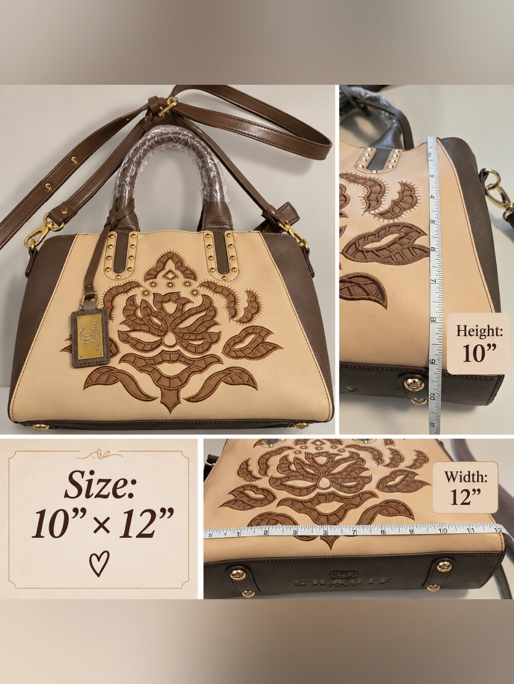Sharif 1827 Taupe Cream Embroidered Satchel Handbag Shoulder Bag 10x12